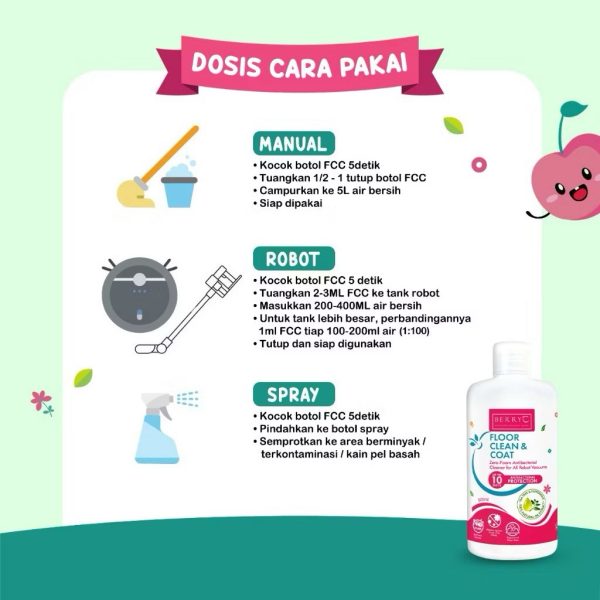 BerryC Floor Cleaner & Coat 500ml pembersih lantai manual / robot aroma peppermint bebas bakteri 10 hari