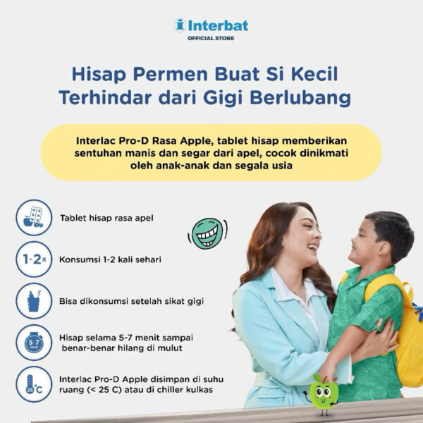 Interlac Pro-D Tablet Hisap Apple Tablet - Probiotik untuk Menjaga Kesehatan Gigi, Gusi & Rongga Mulut Anak hingga Dewasa