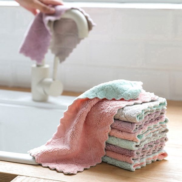 Kain Lap Pembersih Bahan Coral Fleece Tebal Anti Lengket Menyerap Air Cepat Kering Untuk Dapur