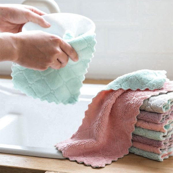 Kain Lap Pembersih Bahan Coral Fleece Tebal Anti Lengket Menyerap Air Cepat Kering Untuk Dapur