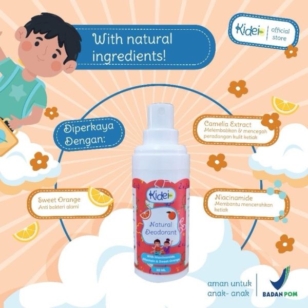 Kidei Natural Deodorant Kids / Deodoran Anak Spray Tanpa TAWAS, Alkohol & Pewangi teodeo