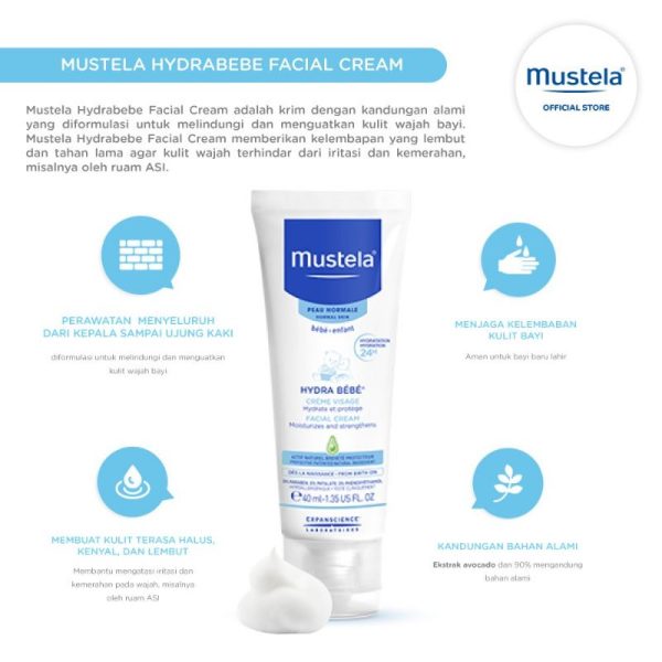 Mustela Hydra Bebe Facial Cream Face Cream / Krim Muka Bayi 40ml 5 ml krim muka sensitif organik mustela cleansing 2in1 200ml